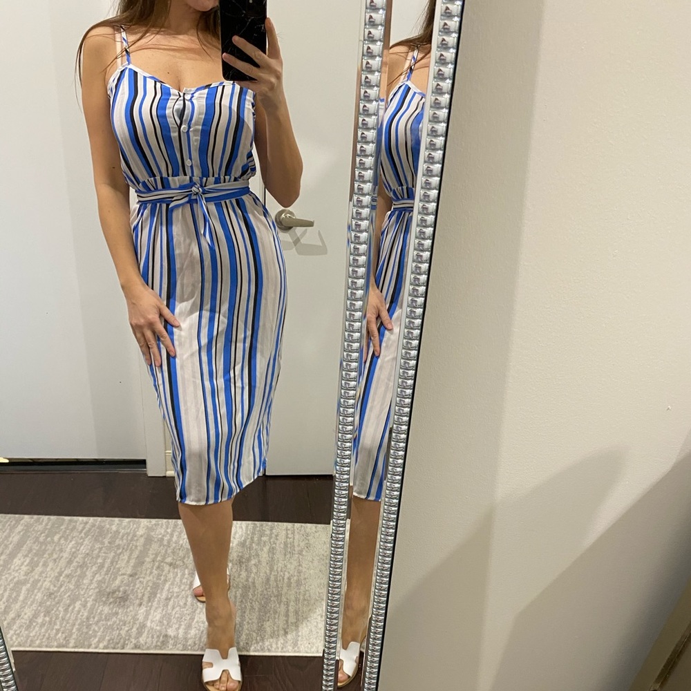 Boohoo Blue & Black Striped Midi Dress